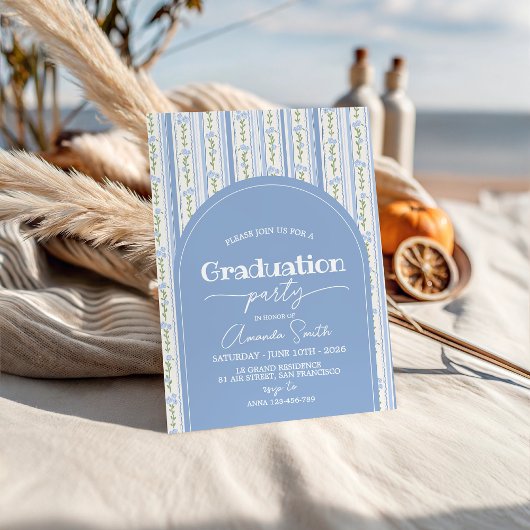 Blue Stripe Floral Arch Graduation Invite Kaart