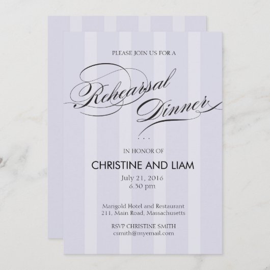 Blue Stripe Flourish Script Rehearsal Dinner Kaart (Voorkant / Achterkant)