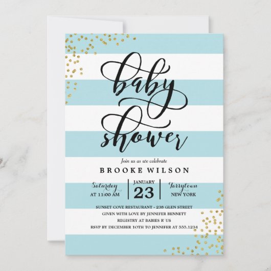Blue Stripe Glitter Stippen Baby shower Uitnodigin Kaart (Voorkant)