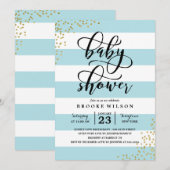 Blue Stripe Glitter Stippen Baby shower Uitnodigin Kaart (Voorkant / Achterkant)