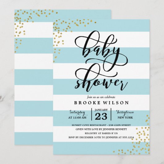 Blue Stripe Glitter Stippen Baby shower Uitnodigin Kaart (Voorkant / Achterkant)