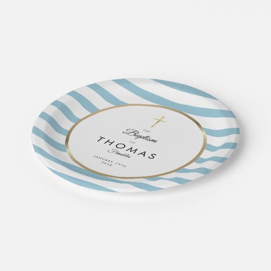 Blue Stripe Gold Cross Baptisme Christening Papieren Bordje (Gekanteld)