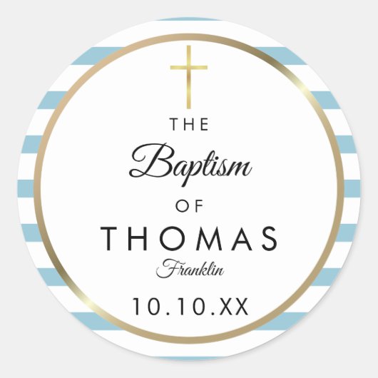 Blue Stripe Gold Cross Baptisme Christening Ronde Sticker (Voorkant)
