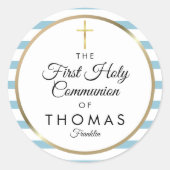 Blue Stripe Gold Cross First Heilige Communie Ronde Sticker (Voorkant)