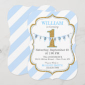 Blue Stripe Gold Glitter First Birthday Kaart (Voorkant / Achterkant)