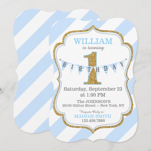Blue Stripe Gold Glitter First Birthday Kaart (Voorkant / Achterkant)