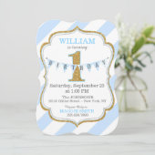 Blue Stripe Gold Glitter First Birthday Kaart (Staand voorkant)
