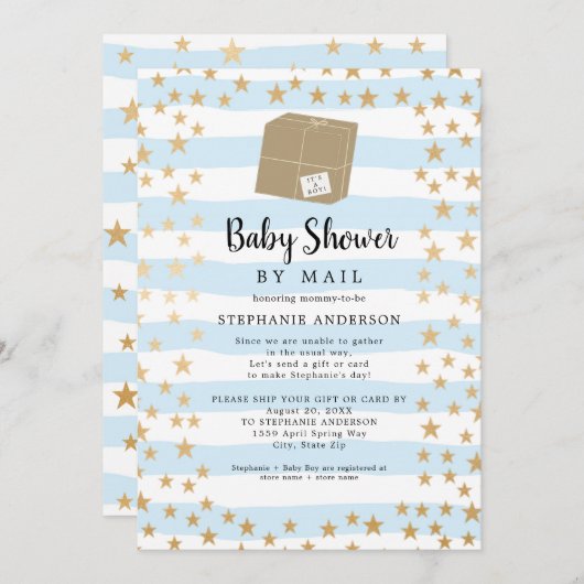 Blue Stripe + Gold Star Boy Baby shower per post Kaart (Voorkant / Achterkant)