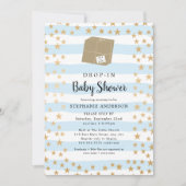 Blue Stripe + Gold Star DROP-IN Boy Baby shower Kaart (Voorkant)