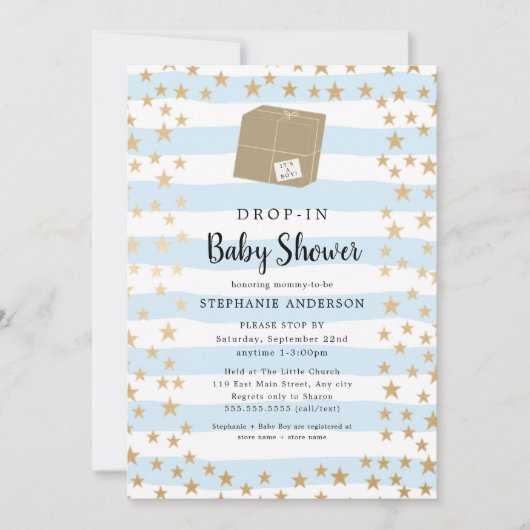 Blue Stripe + Gold Star DROP-IN Boy Baby shower Kaart (Voorkant)