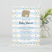 Blue Stripe + Gold Star DROP-IN Boy Baby shower Kaart (Staand voorkant)