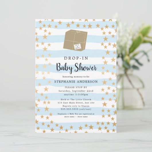 Blue Stripe + Gold Star DROP-IN Boy Baby shower Kaart (Staand voorkant)
