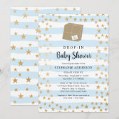 Blue Stripe + Gold Star DROP-IN Boy Baby shower Kaart (Voorkant / Achterkant)