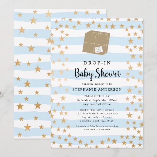 Blue Stripe + Gold Star DROP-IN Boy Baby shower Kaart (Voorkant / Achterkant)