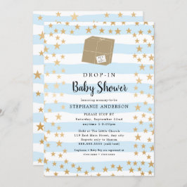 Blue Stripe + Gold Star DROP-IN Boy Baby shower Kaart