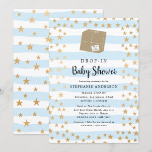 Blue Stripe + Gold Star DROP-IN Boy Baby shower Kaart