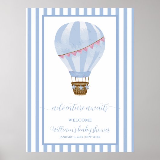Blue Stripe Hete Luchtballon Baby shower Welkom Poster (Voorkant)