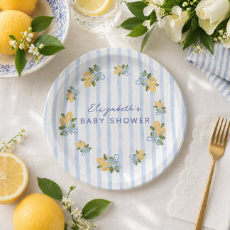 Blue Stripe Lemon Baby Shower Papieren Bordje