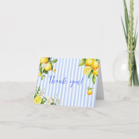 Blue Stripe Lemons Baby Shower Thank You Card Bedankkaart (Voorkant)
