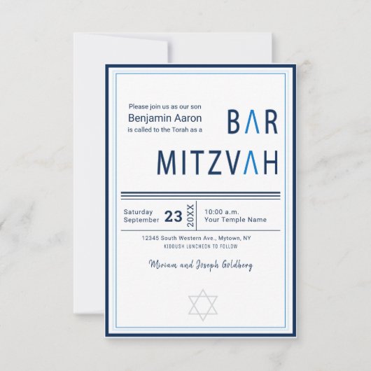 Blue Stripe Modern Bar Mitzvah Uitnodiging (Voorkant)