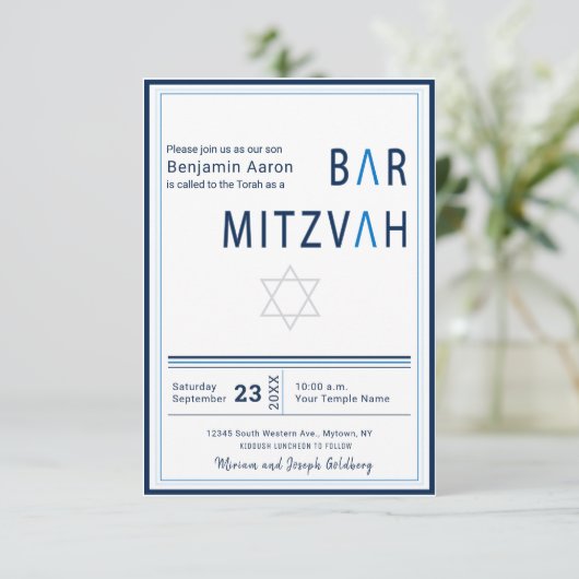 Blue Stripe Modern Bar Mitzvah Uitnodiging (Staand voorkant)