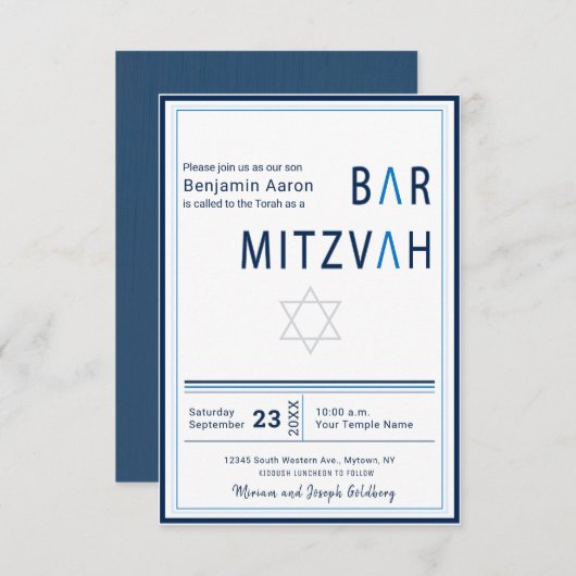 Blue Stripe Modern Bar Mitzvah Uitnodiging (Voorkant / Achterkant)