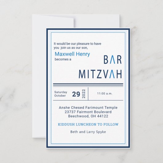 Blue Stripe Modern Bar Mitzvah Uitnodiging (Voorkant)