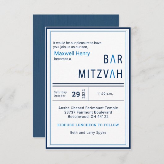 Blue Stripe Modern Bar Mitzvah Uitnodiging (Voorkant / Achterkant)