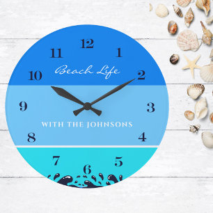 Blue Stripe Ocean Waves Familienaam Beach House Grote Klok