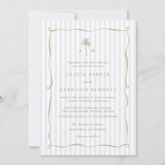 Blue Stripe Palm Tree Tropical Wedding Invitation Kaart (Voorkant)
