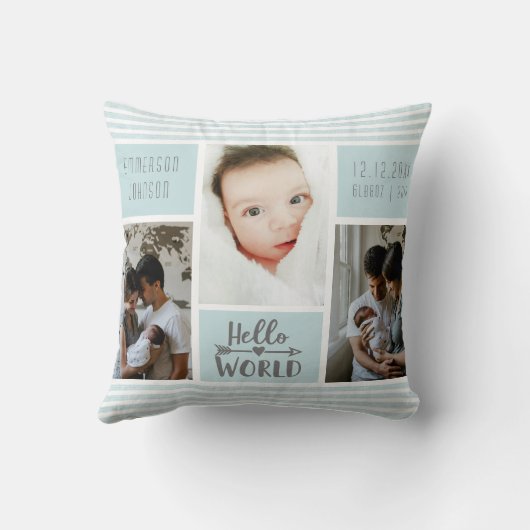 Blue Stripe Photo Collage Baby Boy Birth Stats Kussen (Achterkant)
