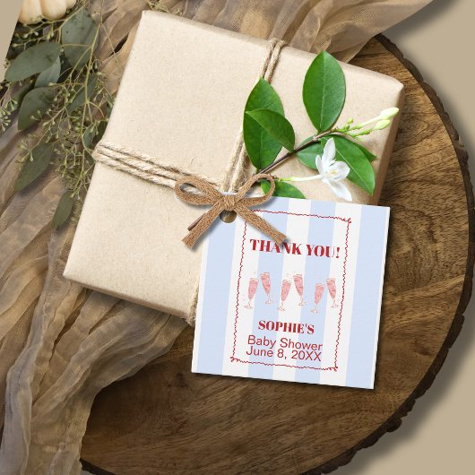 Blue Stripe Red Border Brunch & Bubbly Baby shower Bedankjes Labels