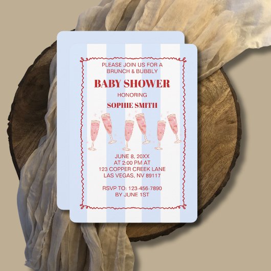 Blue Stripe Red Border Brunch & Bubbly Baby shower Kaart