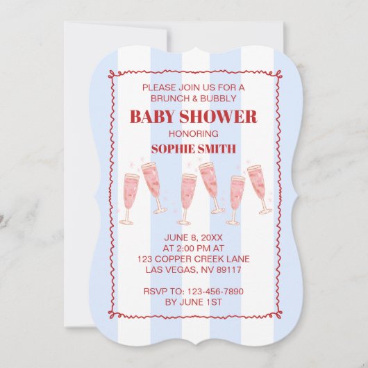 Blue Stripe Red Border Brunch & Bubbly Baby shower Kaart (Voorkant)