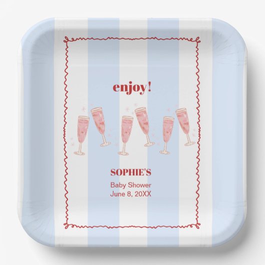 Blue Stripe Red Border Brunch & Bubbly Baby shower Papieren Bordje (Voorkant)