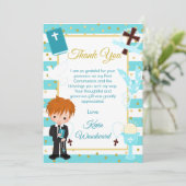 Blue Stripe Red Hair Boy First Heilige Communie Bedankkaart (Staand voorkant)