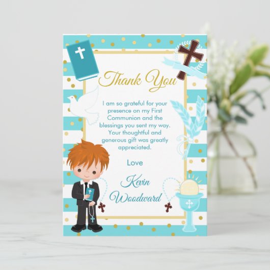 Blue Stripe Red Hair Boy First Heilige Communie Bedankkaart (Staand voorkant)