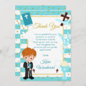 Blue Stripe Red Hair Boy First Heilige Communie Bedankkaart (Voorkant / Achterkant)