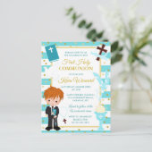 Blue Stripe Red Hair Boy First Heilige Communie Briefkaart (Staand voorkant)