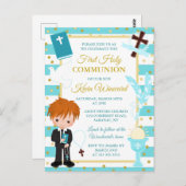 Blue Stripe Red Hair Boy First Heilige Communie Briefkaart (Voorkant / Achterkant)