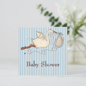 Blue Stripe Stork Baby Boy Shower Kaart (Staand voorkant)