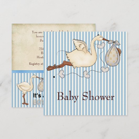 Blue Stripe Stork Baby Boy Shower Kaart (Voorkant / Achterkant)