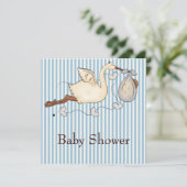 Blue Stripe Stork Baby Boy Shower Kaart (Staand voorkant)