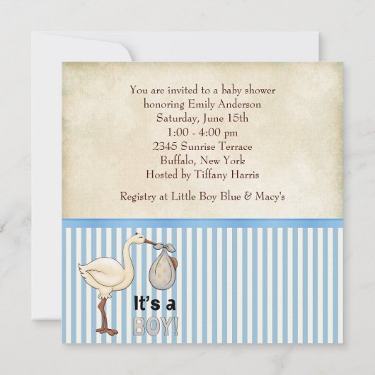 Blue Stripe Stork Baby Boy Shower Kaart (Achterkant)