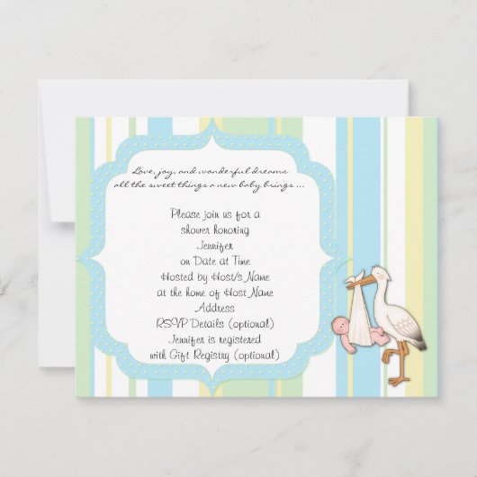 Blue Stripe Stork Baby shower Invitation Kaart (Voorkant)
