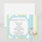 Blue Stripe Stork Baby shower Invitation Kaart (Voorkant / Achterkant)