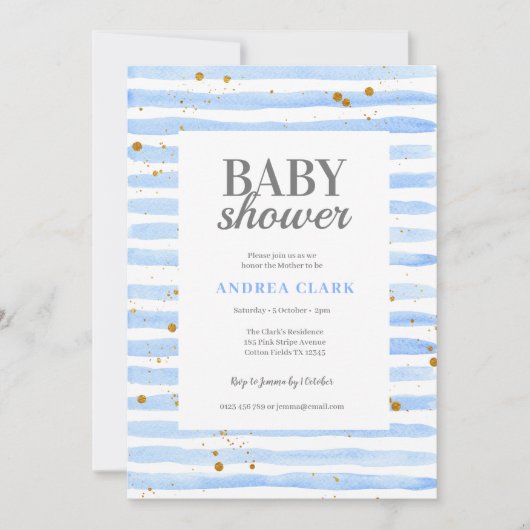 Blue Stripe Waterverf Baby shower Invitation Kaart (Voorkant)