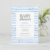 Blue Stripe Waterverf Baby shower Invitation Kaart (Staand voorkant)