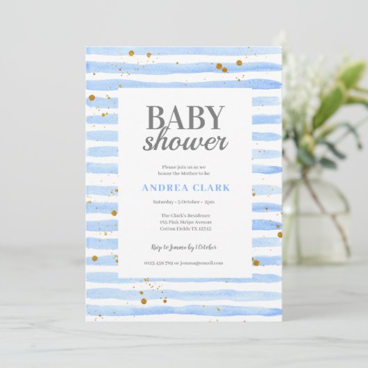 Blue Stripe Waterverf Baby shower Invitation Kaart (Staand voorkant)