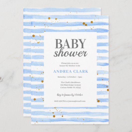 Blue Stripe Waterverf Baby shower Invitation Kaart (Voorkant / Achterkant)